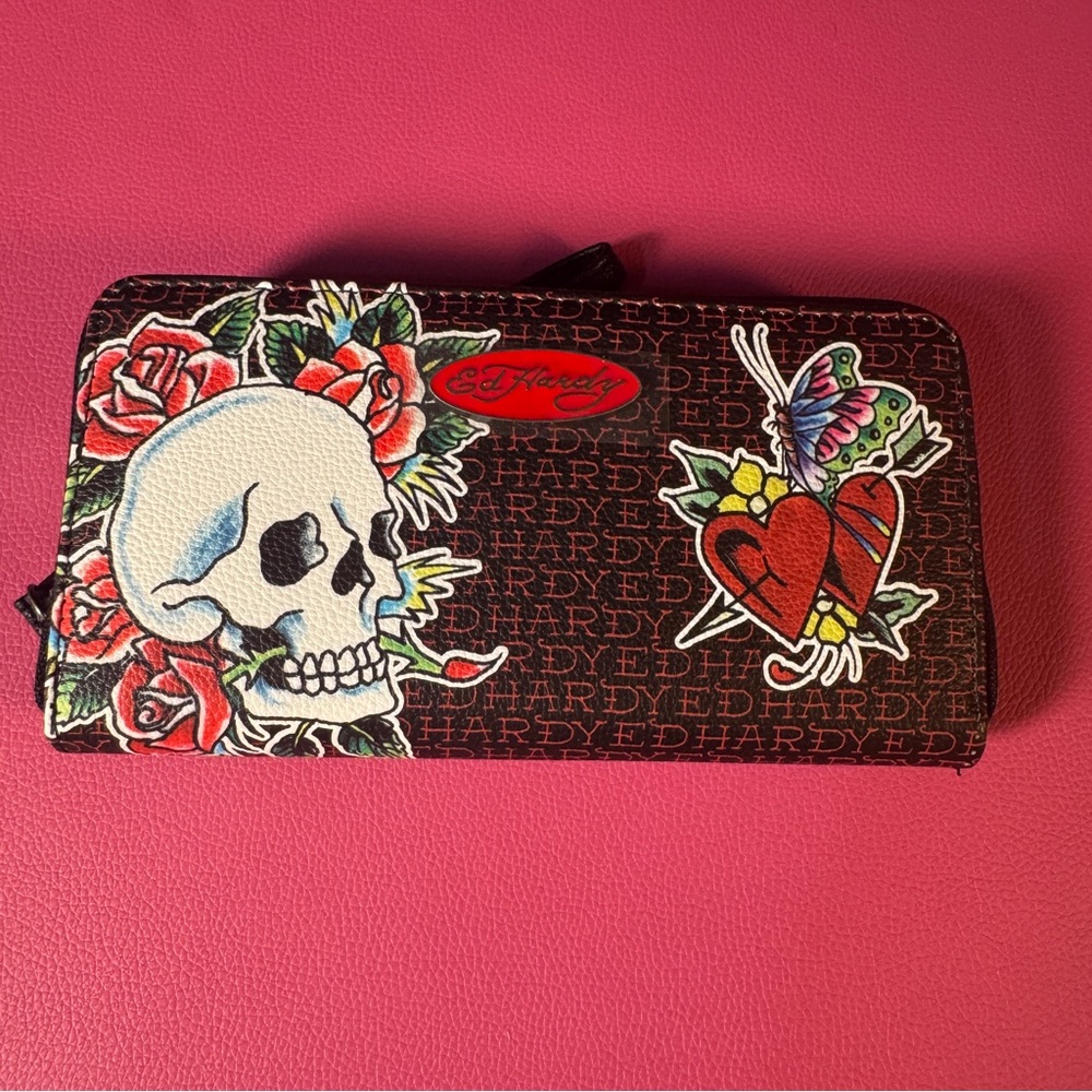 Ed Hardy Skull Rose Zip Around Wallet Wristlet NWT Y2K Tattoos Vegan Leather